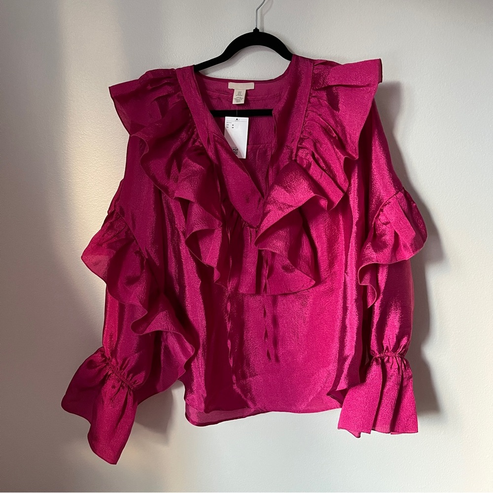 NWT H&M Magenta Ruffle Blouse M